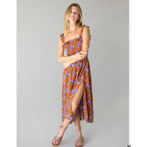 Natural Life Megan Smocked Midi Dress Women's XL Brown Floral Ruffle Boho Farm